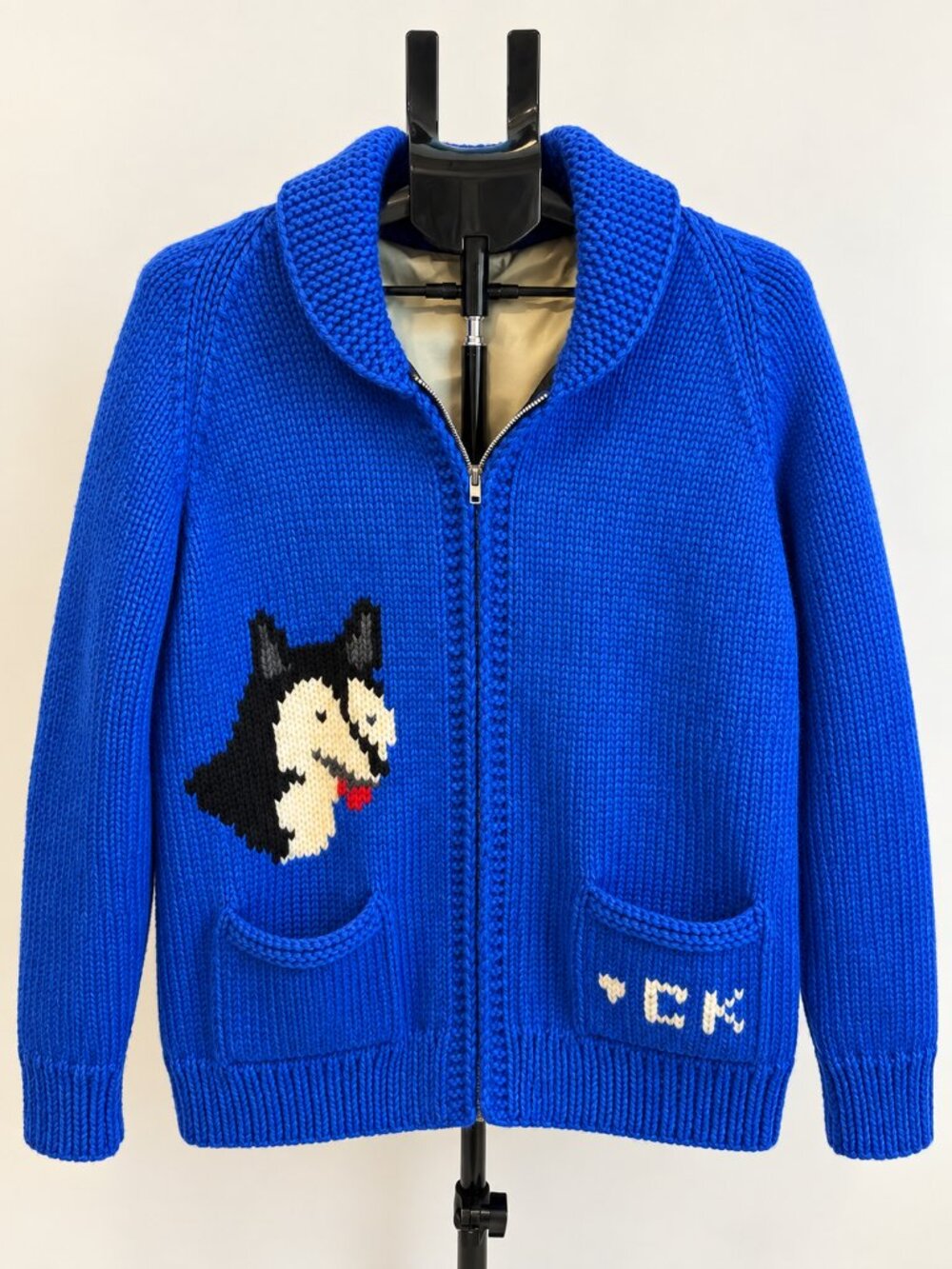 Vintage Blue Dog Knit Zip-Up Sweater Cardigan